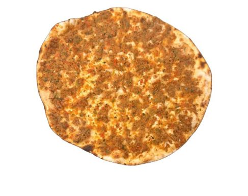 Flatbread topped with a spiced minced meat mixture, golden-brown surface.