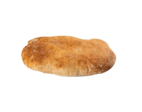 A freshly baked, golden-brown bread roll on a white background.
