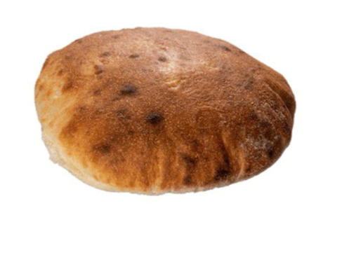 Round, thick flatbread with a golden-brown, slightly charred surface.