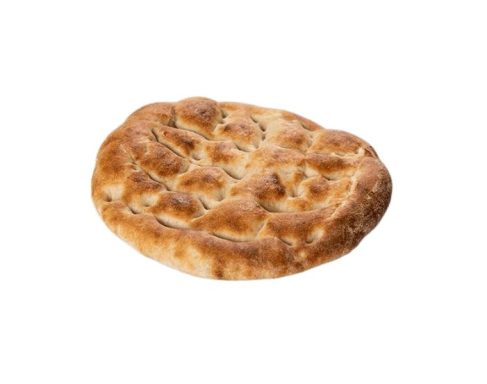 Round, textured flatbread with a golden-brown crust.