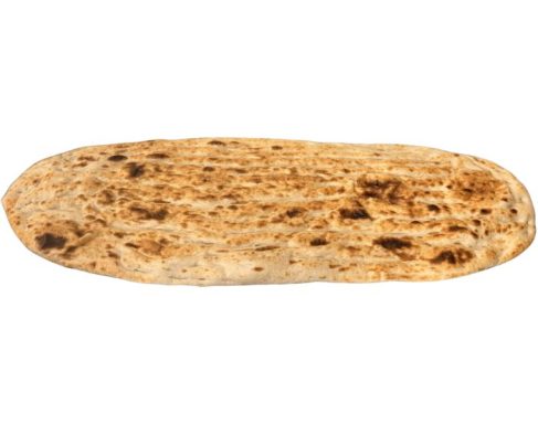 Flat, oval-shaped piece of brown, slightly charred bread.