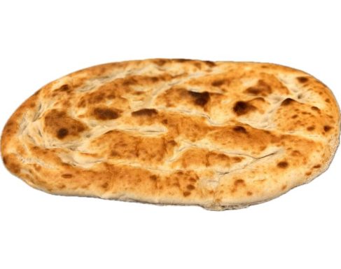 A golden-brown flatbread with a textured surface.