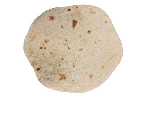 Plain tortilla with a slightly uneven shape and small brown specks.