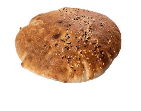 Round, flat bread with a golden-brown crust and sprinkled with sesame seeds.